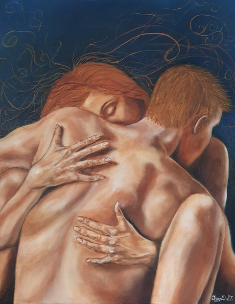 Her embrace was an immense press to print him into her bones